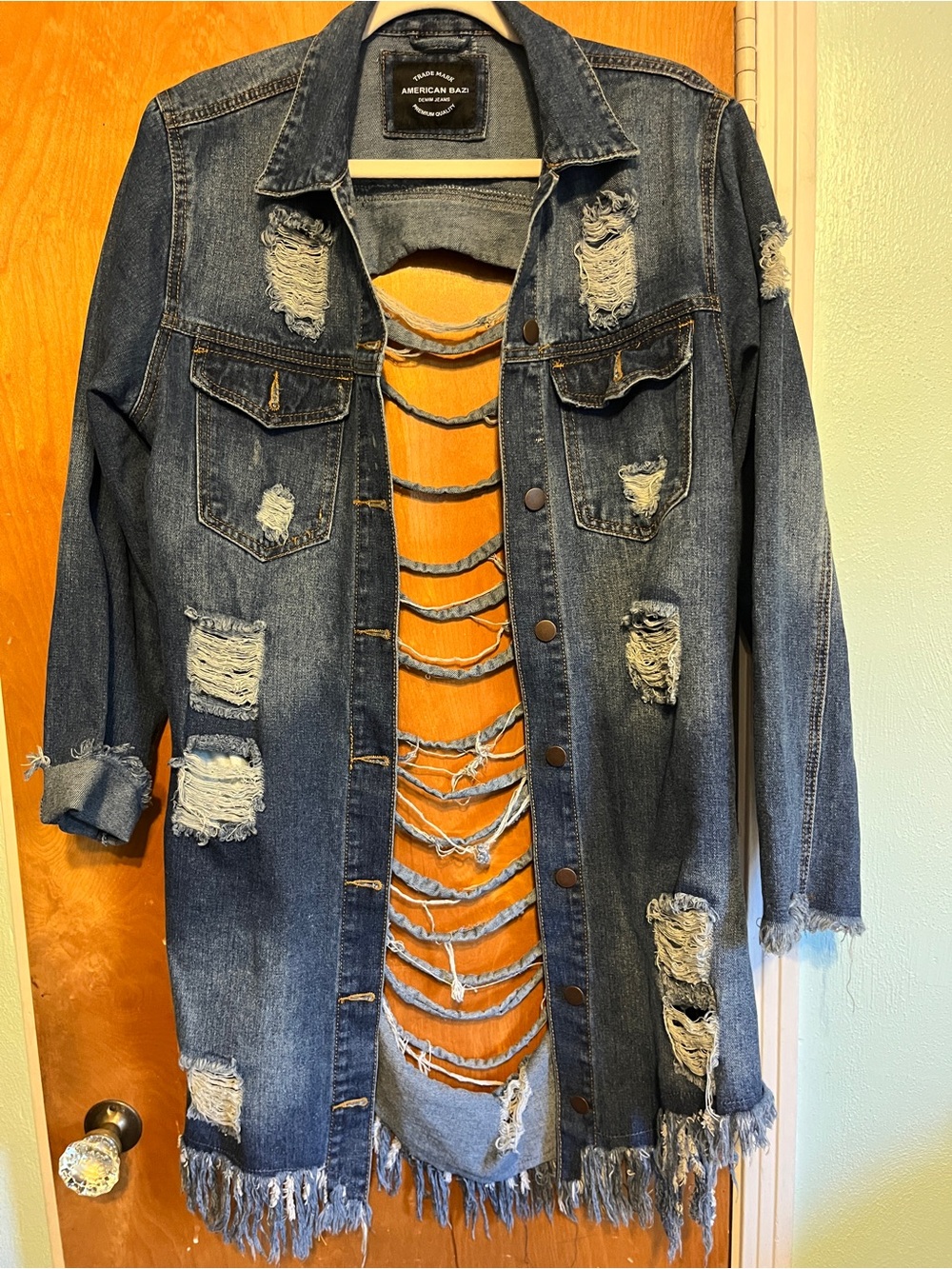 American Bazi Distressed Long Denim Coat - Dark Blue Small
